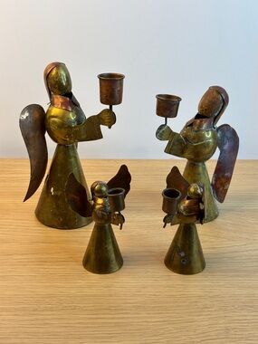 Vintage Mexican Brass and Copper Angel Candle Holders Set of 4